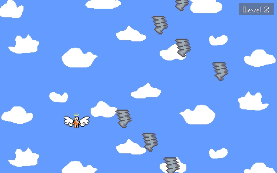 Een afbeelding waarin de speler tornado's probeert te ontwijken