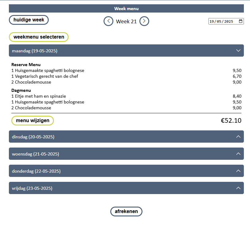 Deze afbeelding toont een ingevuld weekmenu, met de gekozen gerechten per dag.