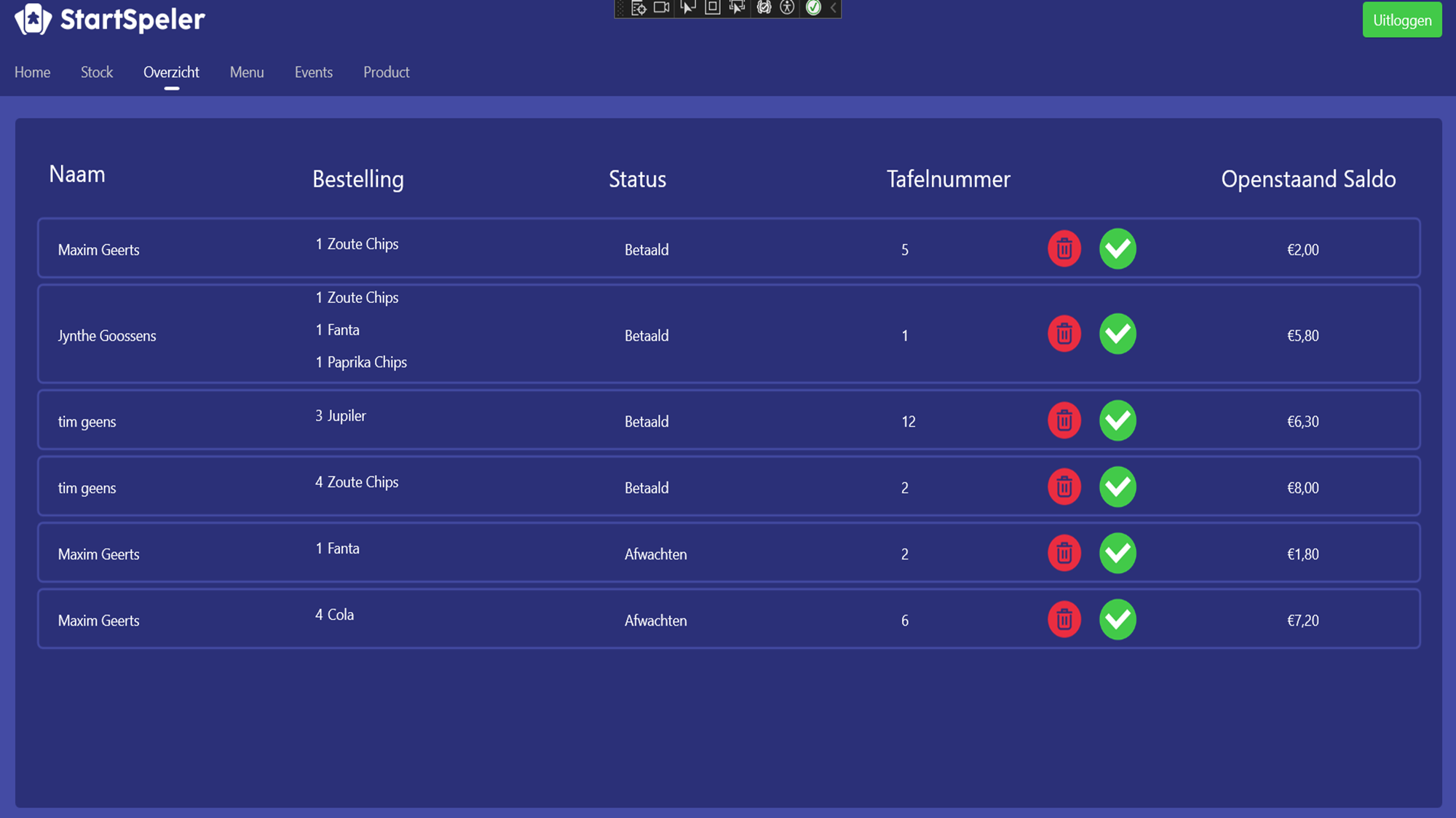 Bestellingsoverzicht in de desktop kassa-app van Project Startspeler