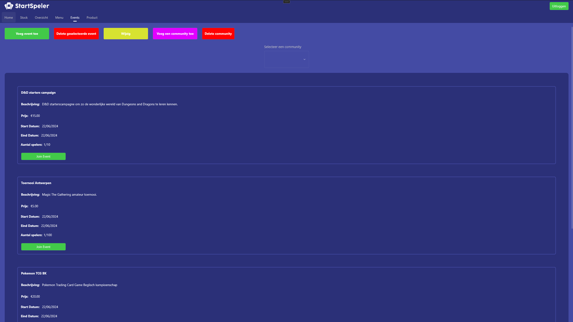 Evenementenoverzicht in de desktop kassa-app van Project Startspeler