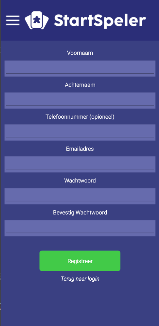 Registratiescherm in de mobiele companion-app van Project Startspeler