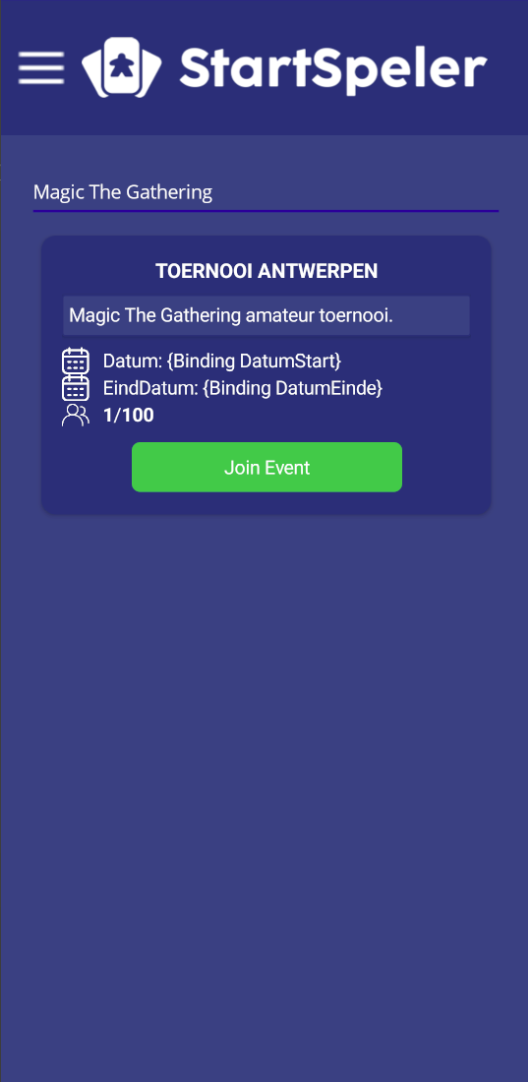 Inschrijvingspagina evenementen in de mobiele companion-app van Project Startspeler