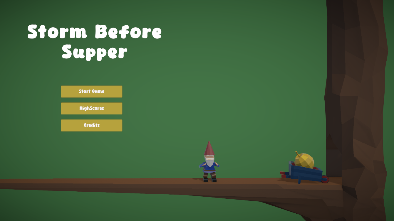 Startmenu van Storm Before Supper, met een dansende kabouter op het scherm