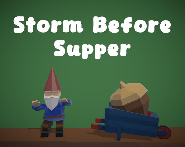 Het logo van het spel Storm Before Supper, met een dansende kabouter op een boomtak
